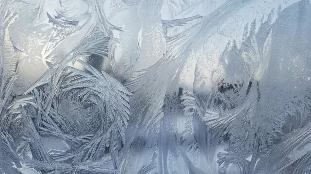 Intricate Frost Patterns on Glass Capturing Winter's Delicate Beauty Illuminated by Soft Natural Light