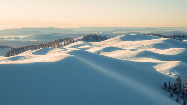 Verschneite H&uuml;gel und Winterlandschaft in den Bergen bei Sonnenaufgang
