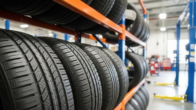 New automotive tires stored neatly on bright orange shelves inside a modern service garage. - Powered by Adobe