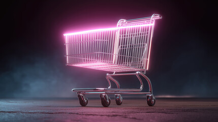 Metal shopping cart with neon glow on dark background for online shopping and black friday