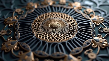 Intricate golden ramadan ornament with surreal, flowing lines and ornate detailing