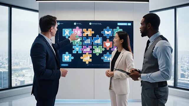 Diverse business team collaborates on a digital puzzle representing strategic planning and data analysis in a modern office with a city view