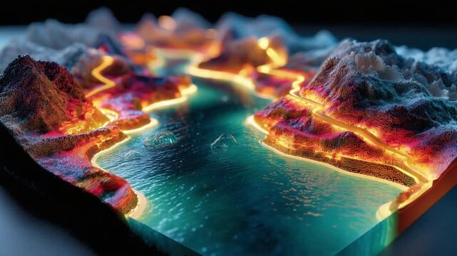 Vibrant Terrain Visualization: A cross-section revealing a mesmerizing landscape with a river flowing through the terrain, with illuminated edges and a gradient color palette. 