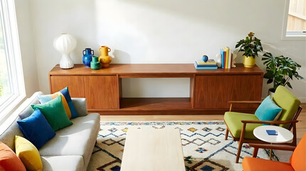 Mid-century modern living room interior background with wooden sideboard for home decor staging