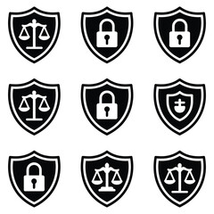 Nine security shields feature icons for justice, locks, and protective.