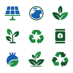 Collection of nine icons symbolizes renewable energy, planet health,.