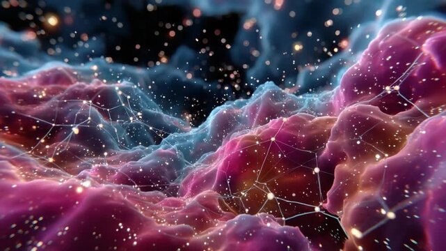 Cosmic Abstract: A vibrant and intricate cosmic abstract composed of nebulous forms and illuminated by points of light, evoking a sense of wonder and the vastness of the universe.