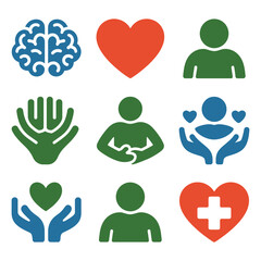 Nine colorful icons illustrating human health, wellness, mind, and caring.