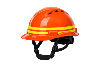 Orange safety helmet protecting workers on construction sites or industrial areas with reflecting yellow stripes, transparent background