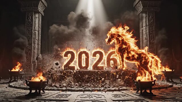 Rising from the Ruins A Dramatic Scene with 2025 Breaking Through Firelight