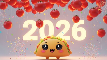 A cheerful taco character celebrates with balloons and strawberries in a festive scene with the year 2026.