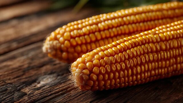 197Close-up of golden corn cobs on rough wooden surface, warm ambient light highlighting each kernel and husk detail, creating a cozy, harvest-themed composition