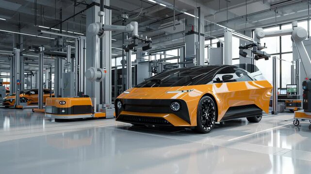 Autonomous driving technology laboratory for electric vehicles, robotic analysis equipment, uncluttered lab floor, soft shadows, balanced composition, autonomous ev industrial lab