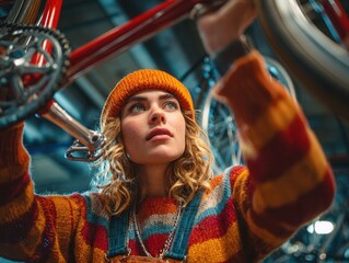 Focused Young Woman Meticulously Repairing a Vintage Bicycle in a Vibrant Workshop, Showcasing Mechanical Skill and Passion