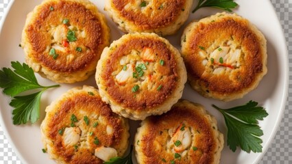 Six Golden Brown Crab Cakes On A White Plate With Parsley Keywords: crab cake, seafood, food