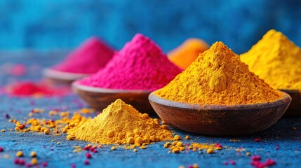 Vibrant colored powders, in wooden bowls, displayed against a textured blue backdrop