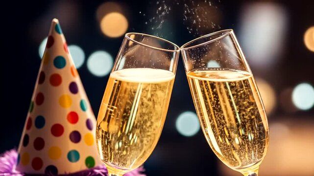 Celebration Toast with Champagne and Party Hat.