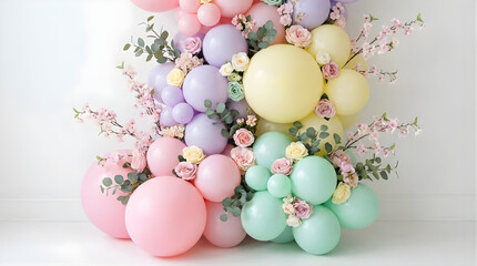 Pastel balloon arch with roses and eucalyptus for wedding or bridal shower event backdrop on white background