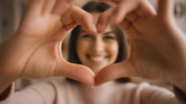 A young woman smiling and making a heart shape with her fingers in a living room