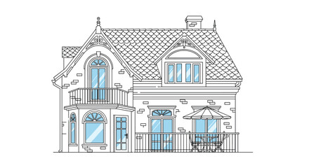 Fototapeta premium Detailed architectural line drawing of a classic European-style mansion with blue tinted windows and decorative balcony.