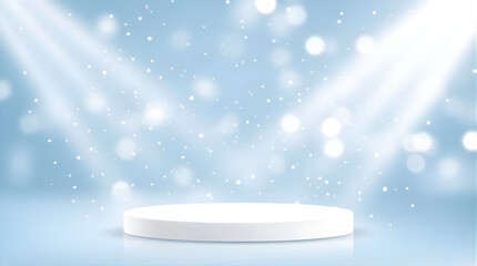 Minimalist white circular podium for product presentation on a light blue bokeh background with rays and floating particles.