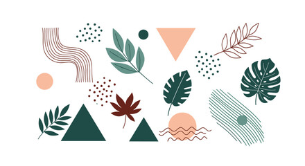 Fototapeta premium Contemporary abstract composition of geometric shapes, wavy lines, and tropical leaf silhouettes in a minimalist style.