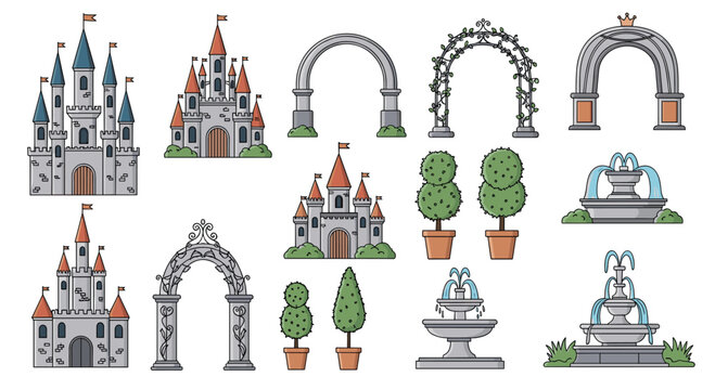 Elegant set of architectural and garden elements including fairy tale castles, stone arches, topiary, and water fountains.