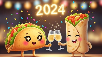 Taco and burrito celebrate 2024 with champagne at festive party