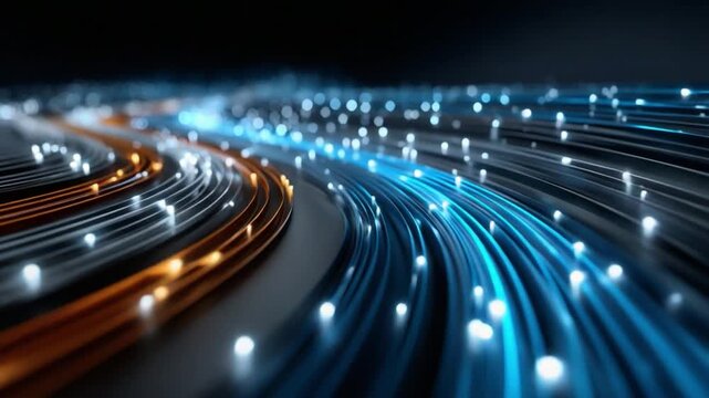 Abstract Fiber Optic Pathway: Digital data streams flow across a network of glowing fiber optic cables, illuminating the path of information.
