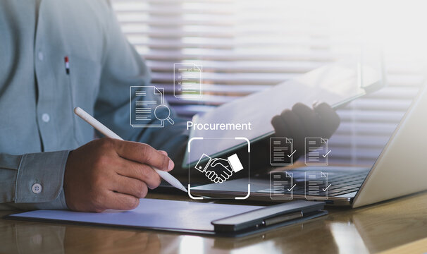 Procurement process management, Digital and paper document approval, contract verification, supplier negotiation, and business purchasing operations using laptop and paper in office environment