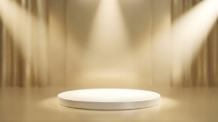 White circular pedestal on a golden stage for commercial product presentation with spotlights and curtains background