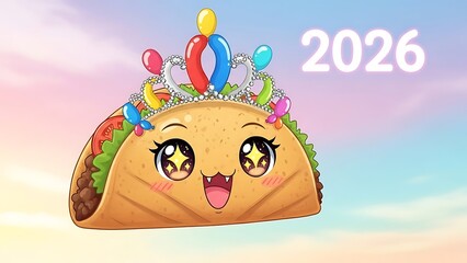 A cartoon taco decorated with colorful balloons and a festive tiara sits on a vibrant background with the year 2026 written in the corner.