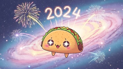 A cartoon taco character celebrates 2024 with fireworks in a galaxy background