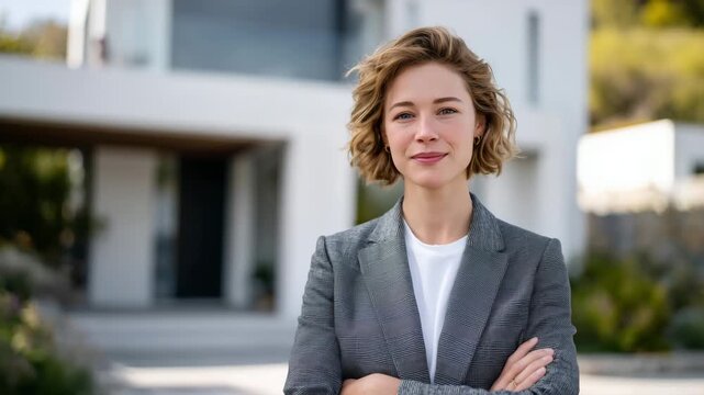 294Confident American woman real estate agent in professional attire stands in front of a modern suburban home, smiling warmly, ready to greet potential buyers