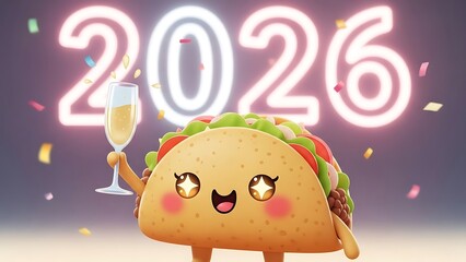 A cartoon taco character celebrates with a glass of champagne and confetti in the background with 2026 neon lights