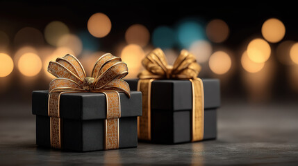 Two black gift boxes with golden bows on dark background for christmas black friday big sale