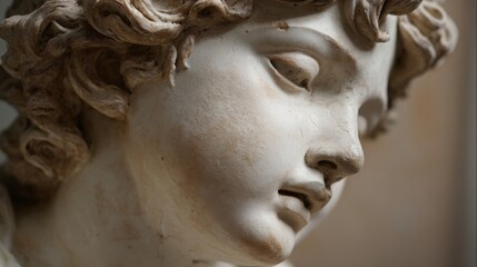Close-up of a Marble Sculpture's Face Showing Delicate Eyelashes and Serene Expression