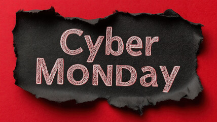 Top view of black torn paper with cyber monday text on red background for online promotion