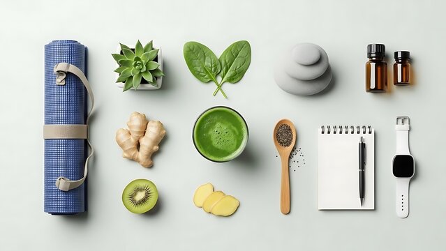Holistic Healthy Lifestyle Flat Lay with Green Smoothie Yoga Mat and Ginger