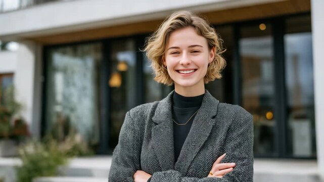 303Side view of a smiling female agent standing by a modern home entrance, sun casting soft light on facade, welcoming future buyers with approachable confidence