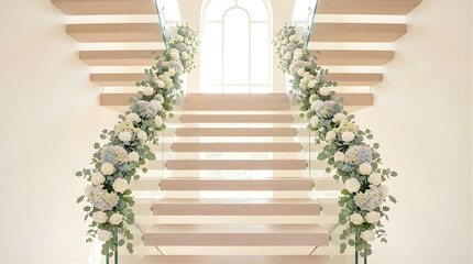 Modern wooden staircase with floral garland railing for upscale wedding ceremony or event background