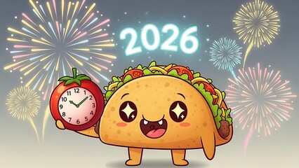 A cartoon taco character holds a clock and celebrates the new year 2026 with fireworks in the background.