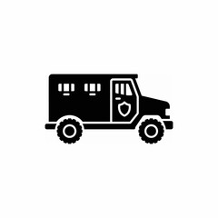 Black silhouette icon of an armored security truck, a robust vehicle designed for transporting valuables or personnel, featuring a shield emblem on its door.