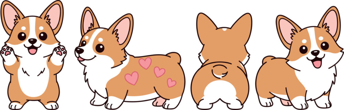 Set of cute Welsh Corgi puppy characters in different poses including front side and back view flat vector illustration isolated on white background.