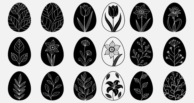 Collection of decorated eggs with various botanical designs in black and white
