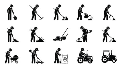 Fototapeta premium Silhouette icons of construction workers performing various tasks, showcasing hard work and dedication in different settings.