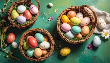 Easter background, baskets with colorful Easter eggs, green table, top view.