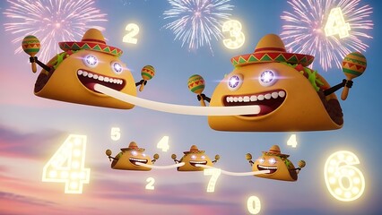 A colorful illustration of tacos wearing sombreros flying through the air with fireworks exploding in the background at a festive celebration