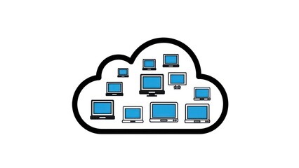 Cloud computing network diagram featuring multiple laptops connected inside a cloud icon.