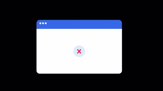Minimal web browser window interface showing an error confirmation with cross icon on dark background. Clean UI design concept for failed actions, system errors, and application s
